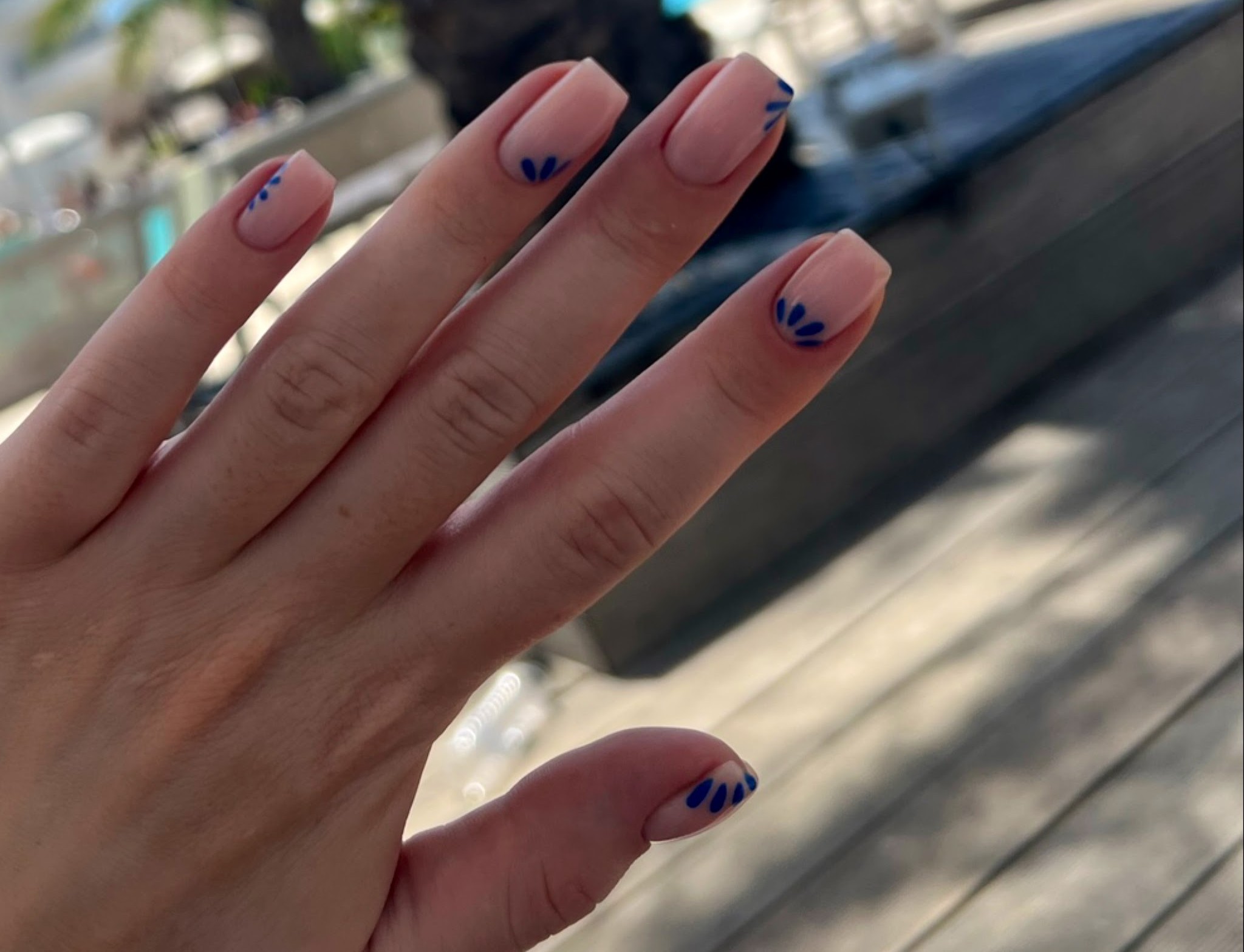 Nude nagels met donkerblauwe accenten in de zon